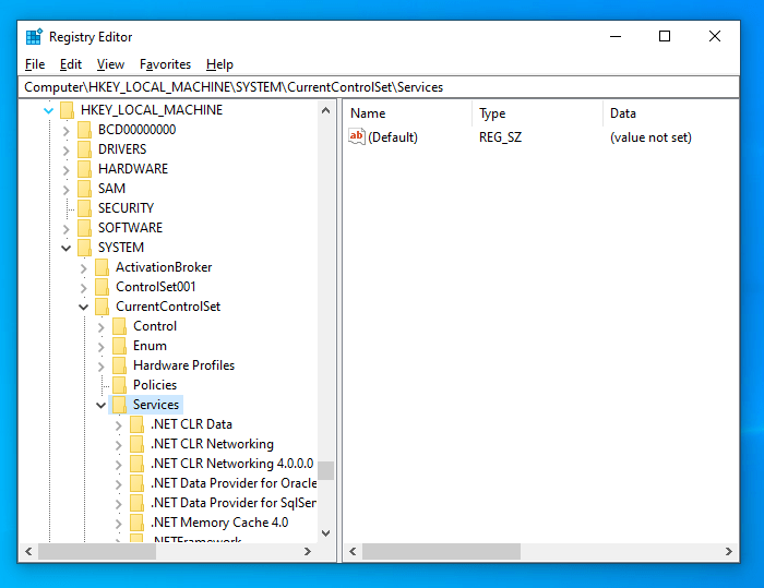 The “HKLMSYSTEMCurrentControlSetServices” registry key inside of regedit.exe